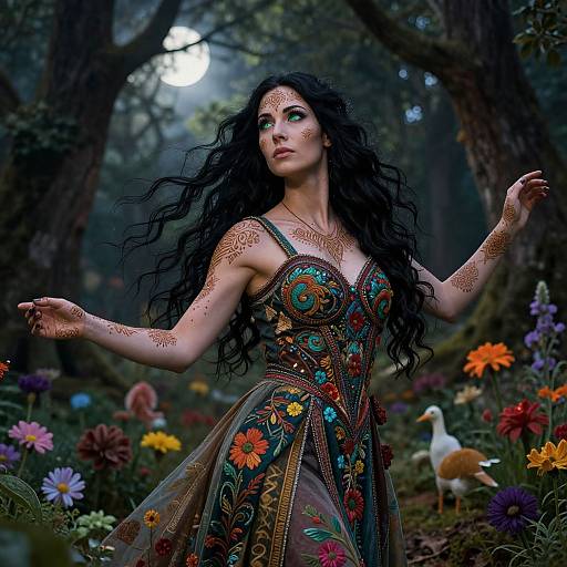Photorealistic fantasy image of a fair-skinned woman with long black hair, wearing an ornate floral dress, standing in a moonlit forest,