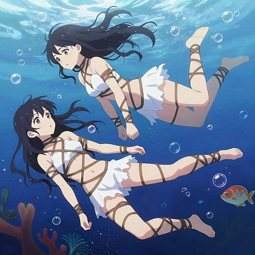 Anime-style digital illustration of two girls with black hair, wearing white, tattered, rope-bound swimsuits, swimming underwater with bubbles, and a small