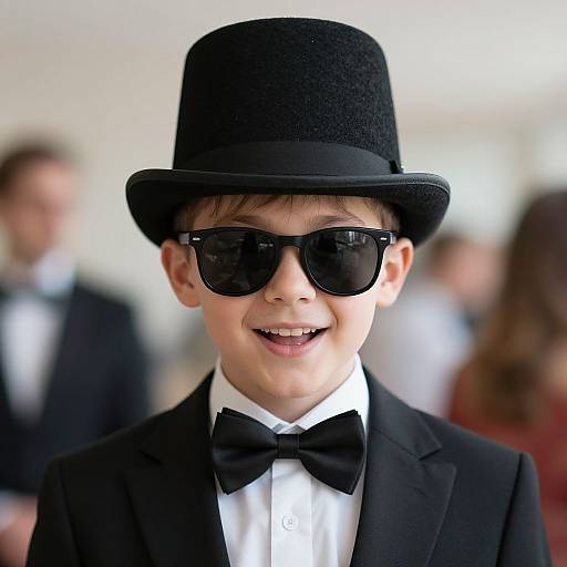 Photograph of a young boy in a black top hat, black bow tie, and black sunglasses, smiling, wearing a black tuxedo. Bl