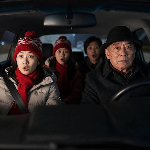 Surprised Passengers in a Nighttime Car