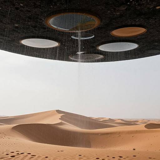 Photograph: Futuristic black dome with circular windows raining over a sunlit, sandy desert with undulating dunes in the background.