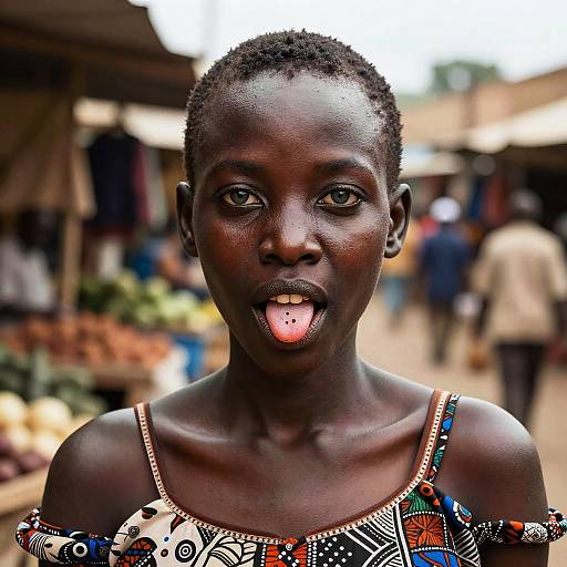 Photograph of a young black woman with short curly hair, dark skin, sticking out her tongue, wearing a colorful, patterned off-shoulder
