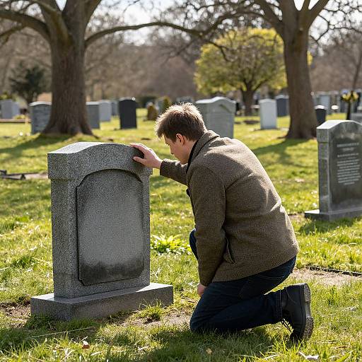 Man Kneeling at Serene Gravestone