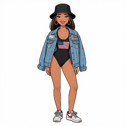 Digital illustration of a smiling woman with tan skin, wearing a black hat, denim jacket with patches, black one-piece swimsuit, and white sneakers with