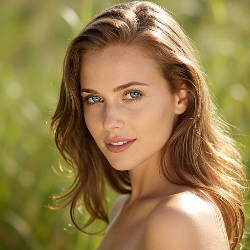 Photograph of a beautiful young woman with light brown, wavy hair, blue eyes, and fair skin, smiling softly against a sunlit, blurred
