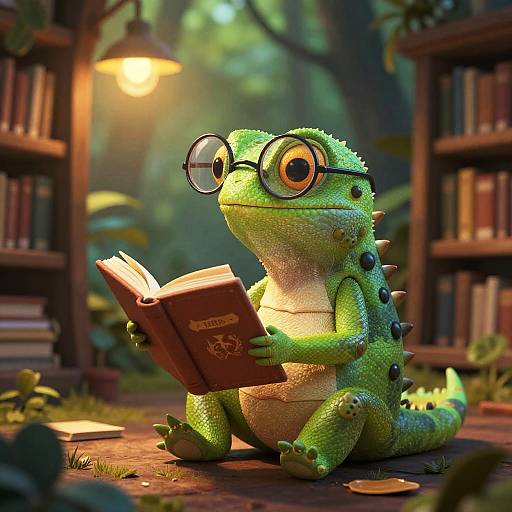 Wise Lizard Reading in Cozy Forest