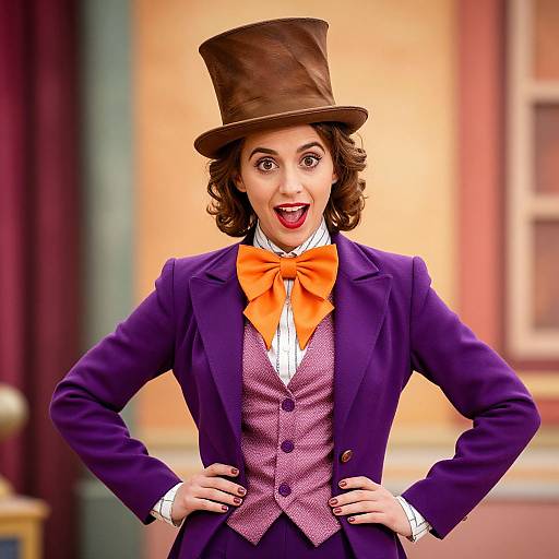 Colorful photograph of a smiling woman in a purple top hat, purple jacket, orange bowtie, and pink vest, hands on hips.
