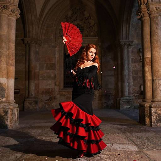 Gothic-style photograph of a woman with long brown hair, wearing a black off-shoulder dress with red ruffles, holding a red fan