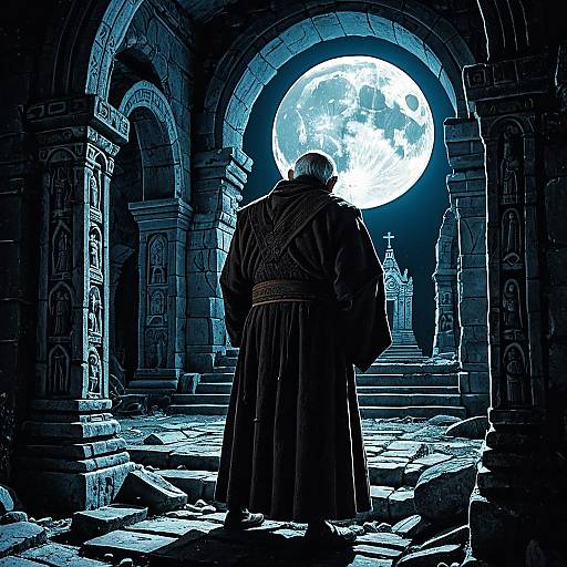Elderly Monk in Moonlit Ruined Chapel