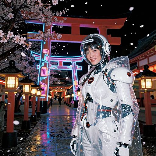 Photograph of an Asian woman in a futuristic white and black armored suit with a helmet, standing in a vibrant, neon-lit, cherry blossom-lined