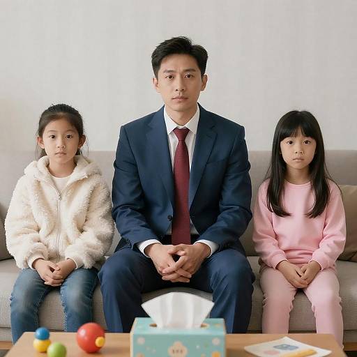 Serious Father with Daughters in Portrait