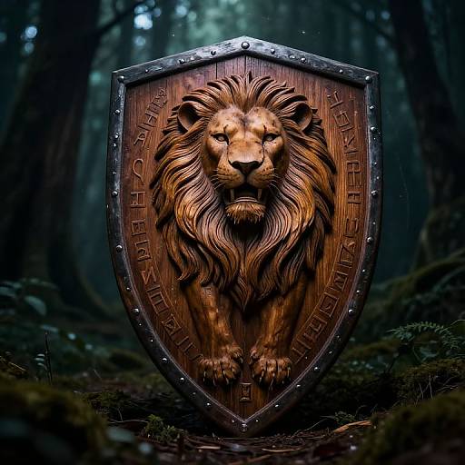 Photorealistic digital artwork of a detailed wooden lion shield with a fierce lion head, set in a dark, dense forest. Text 
