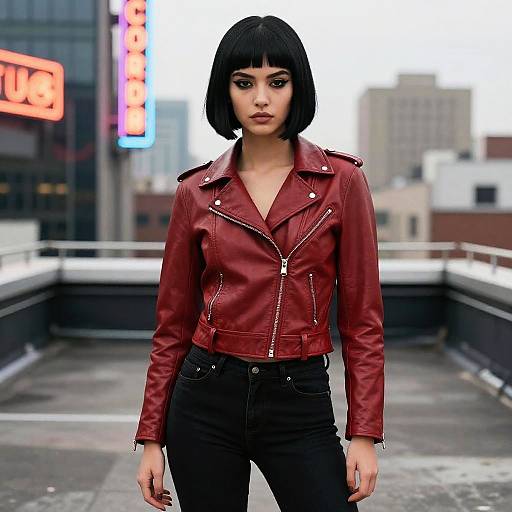 Photograph of a young woman with a black bob haircut, wearing a red leather jacket and black jeans, standing on an urban rooftop with neon signs in