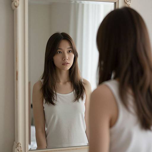 Photograph of an East Asian woman with long dark hair, wearing a white tank top, standing in front of a mirror, reflecting her serious expression in
