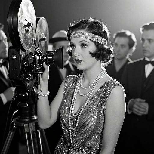 Black-and-white photograph of a 1930s-style woman with short, wavy hair, wearing a sparkling dress, pearl necklace, and headband