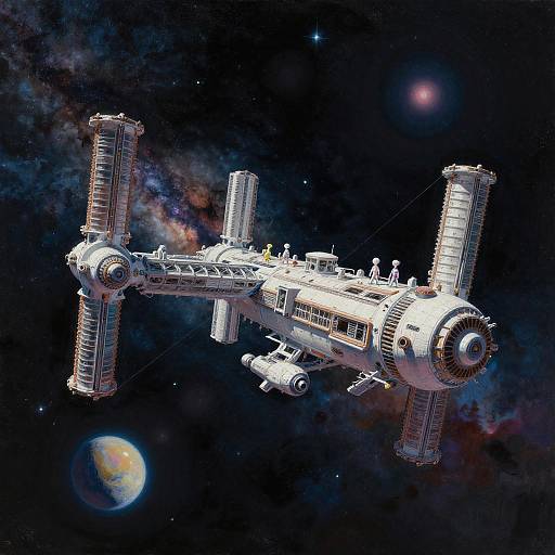 Alien Explorers on Giant Space Station in Orbit