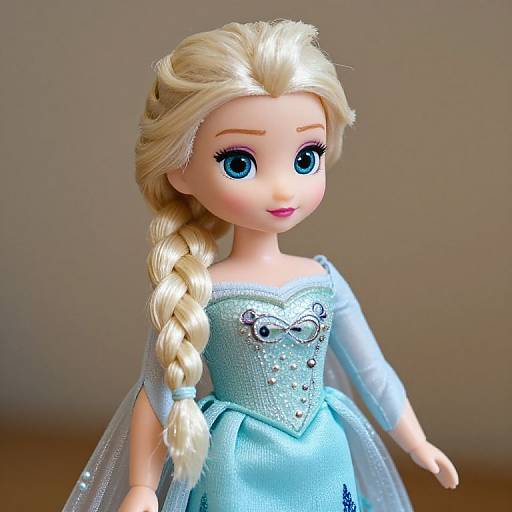 Photograph of a Frozen Elsa doll with blonde braided hair, blue eyes, and a light blue, sparkling, strapless gown.