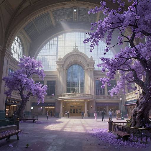 Photorealistic digital art: grand, sunlit arched glass ceiling, lilac cherry blossom trees, benches, people walking, elegant architectural details,