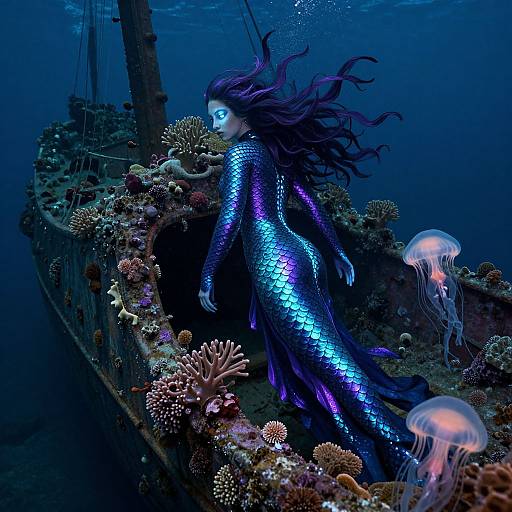 Photograph of a mermaid with iridescent blue-purple scales, long dark hair, and white face, swimming around a sunken ship adorned with