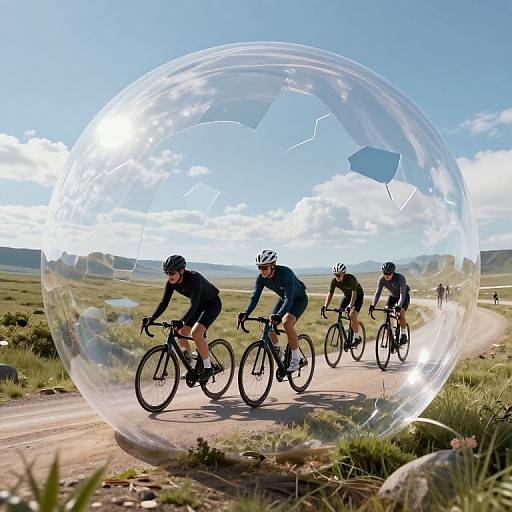 Photograph of three cyclists in black gear, riding on a rural road, reflected inside a large, transparent, spherical bubble with a bright blue sky and