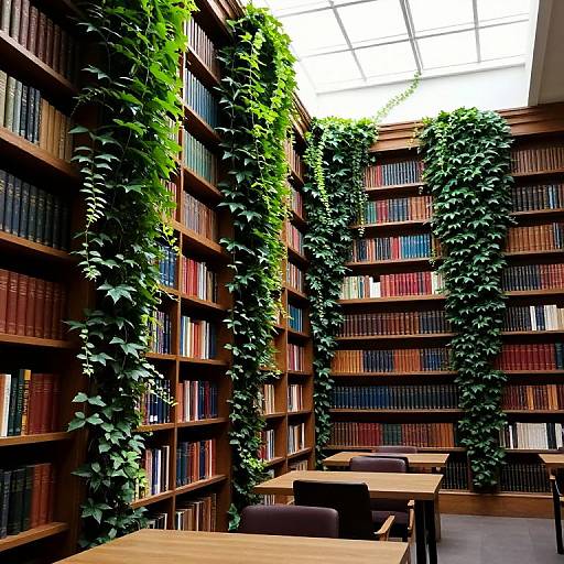 Photograph of a modern library with lush green ivy climbing wooden bookshelves, bright skylight, and wooden tables with black chairs.