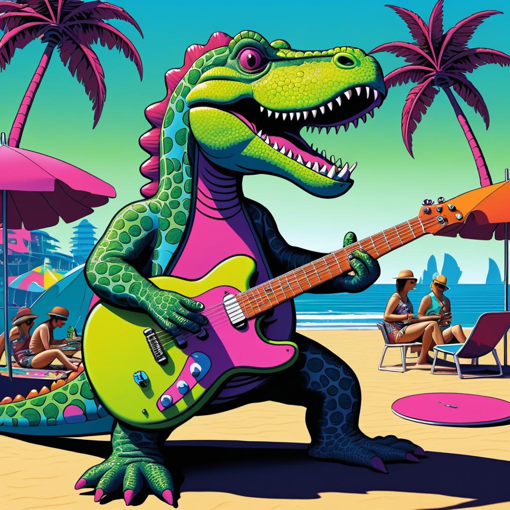 Vibrant Dinosaur Guitarist at Beach Party