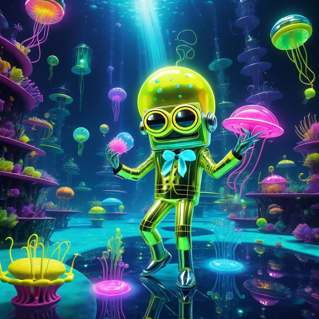 Futuristic SpongeBob with Neon Jellyfish