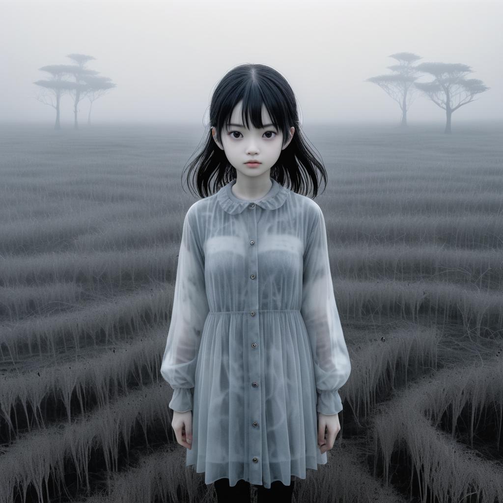 Nervous Woman in a Foggy Landscape