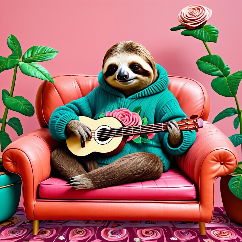 Whimsical Sloth Playing Bongos on Couch