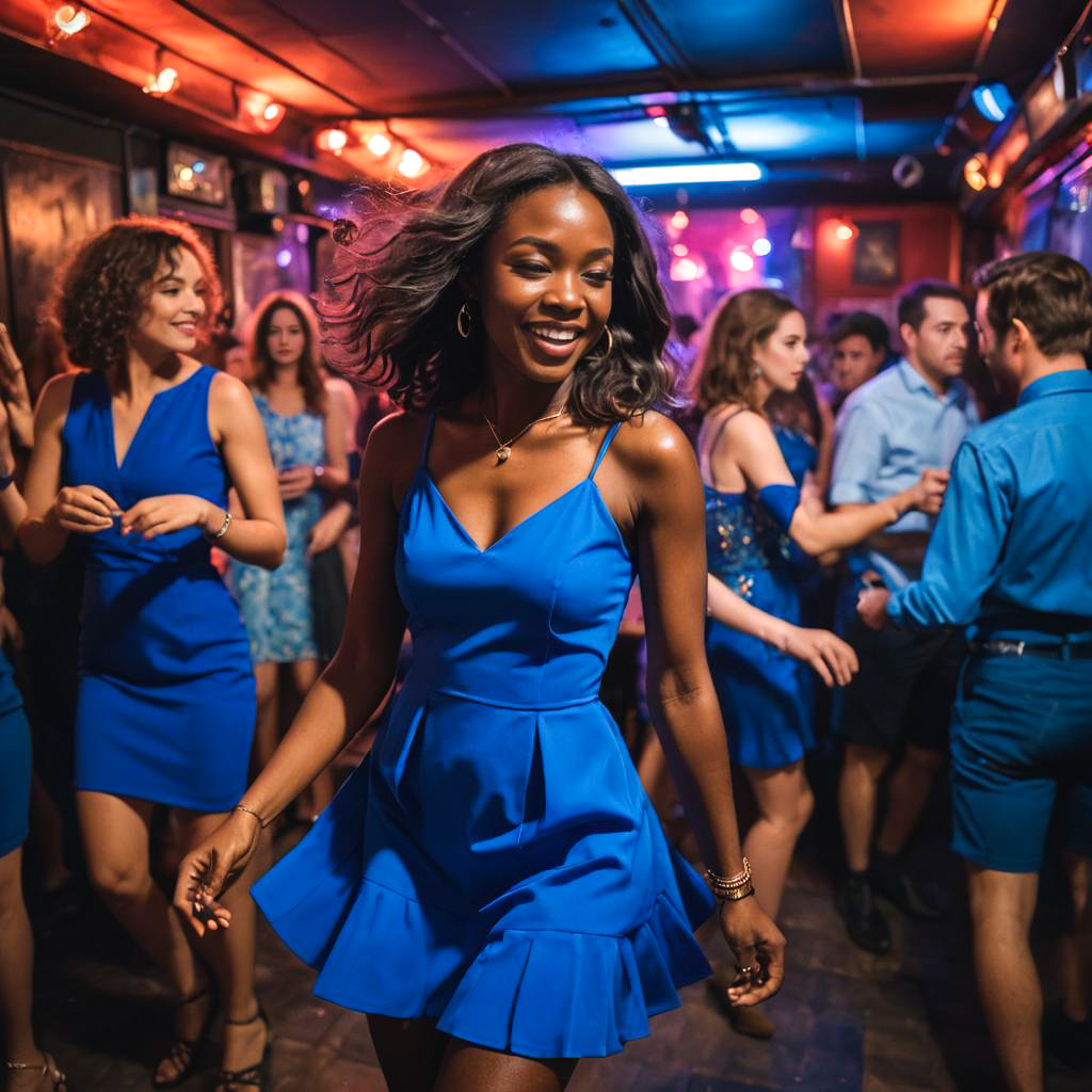 Dancing Jazz Musician in Vibrant Blue Dress