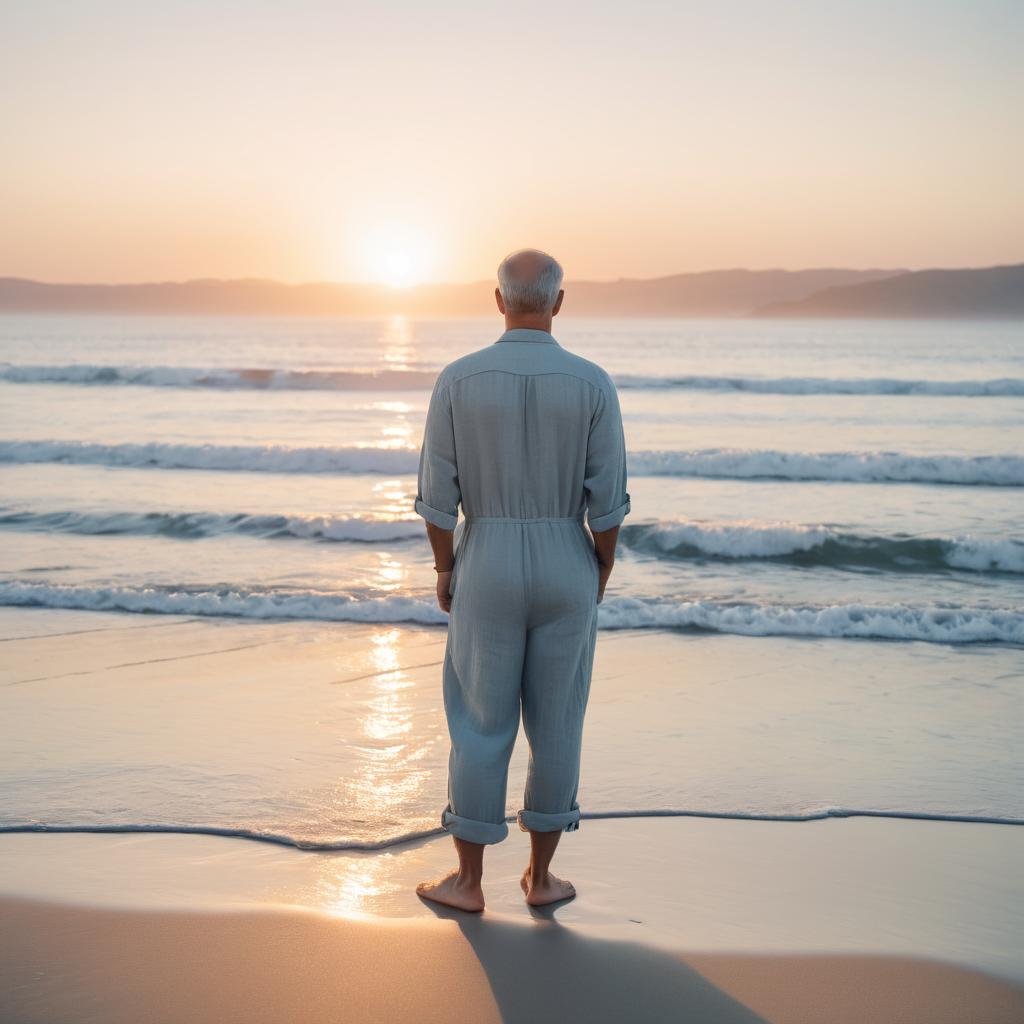 Cosmic Philosopher on Tranquil Sunrise Beach