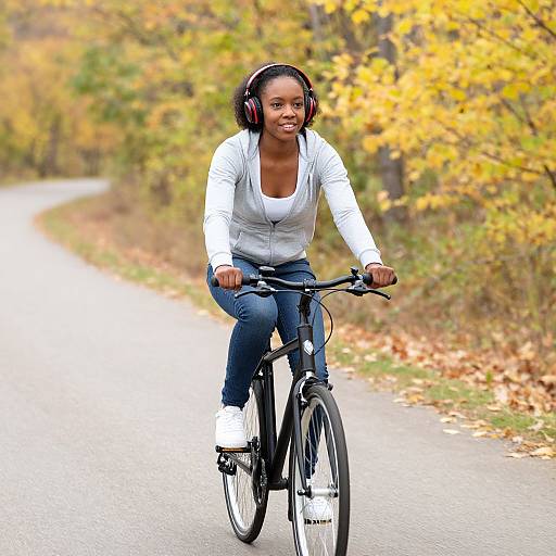 Photograph of a smiling Black woman with curly hair, wearing headphones, white long-sleeve shirt, blue jeans, and white sneakers, riding a