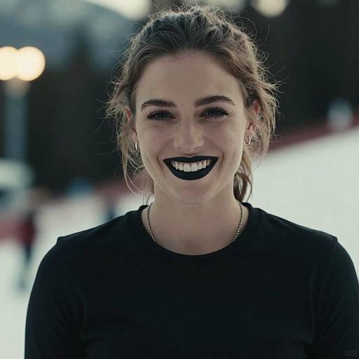 Photograph of a smiling young woman with dark lipstick, brown hair in a loose bun, wearing a black top, against a blurred, brightly lit background
