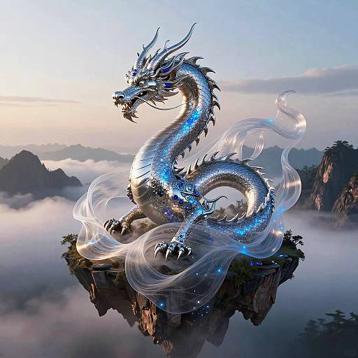 Digital artwork of a glowing blue and silver dragon with flowing, ethereal ribbons, perched on a rocky island amidst misty mountains and a sunrise