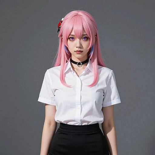 Young Woman with Pink Hair and Purple Eyes in White Shirt