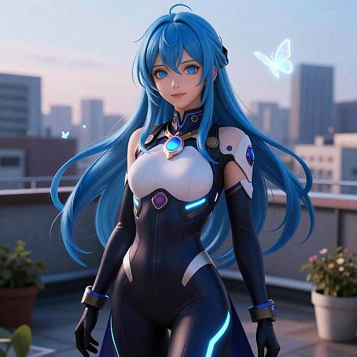 Confident Anime Girl in Futuristic Garden