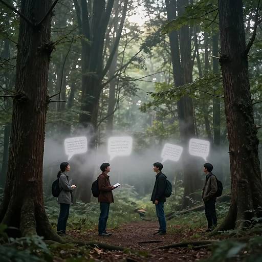 Photograph of four men in forest, standing in mist, holding glowing white signs with text, surrounded by tall trees.