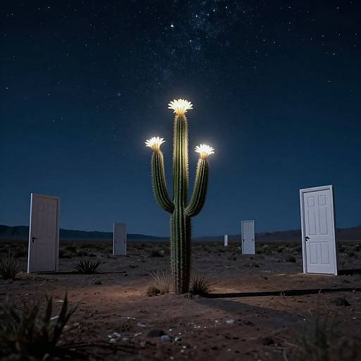 Photograph of a glowing, multi-armed cactus under a starry night sky, surrounded by white doors in a desert landscape.