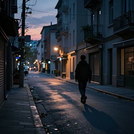 Silhouetted man walks down a dimly lit, deserted urban street at dusk, illuminated by streetlights and distant sunset glow. Photograph.