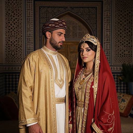 Photograph of a Muslim couple in traditional gold and red wedding attire, standing in an ornate, patterned room. He wears a gold thobe