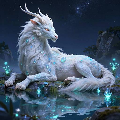 Digital fantasy artwork of a white, glowing, mythical dragon with horns, lying by a luminous, starry night lake with bioluminescent plants
