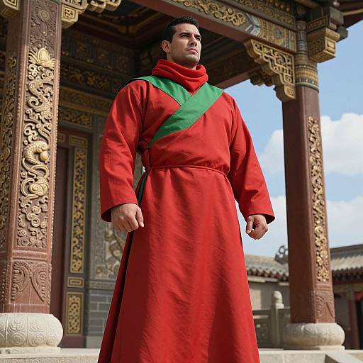 Photorealistic image of a muscular man with dark hair, wearing a red robe with green diagonal stripe, standing in an ornately carved, traditional Asian