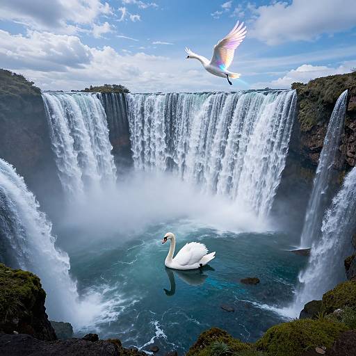 Photograph of a majestic waterfall with two white swans, one swimming below and one flying above, under a bright blue sky.