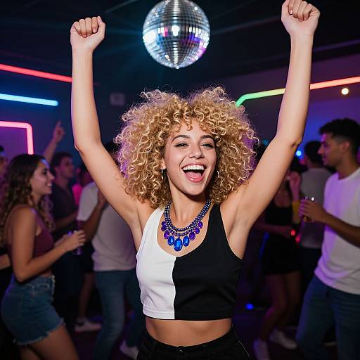 Photograph of a curly-haired woman with a black-and-white crop top, blue necklace, and raised arms, dancing energetically under a mirror ball
