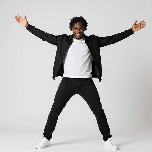Smiling Black Man in Casual Outfit with Arms Spread Wide