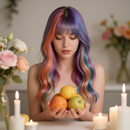 Photograph of a young woman with vibrant purple, pink, and blue wavy hair, holding a basket of oranges and apples, surrounded by candlelight