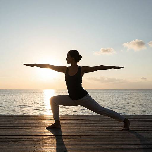Silhouetted woman in black tank top and grey pants performs yoga pose on wooden dock at sunset, with calm ocean background.