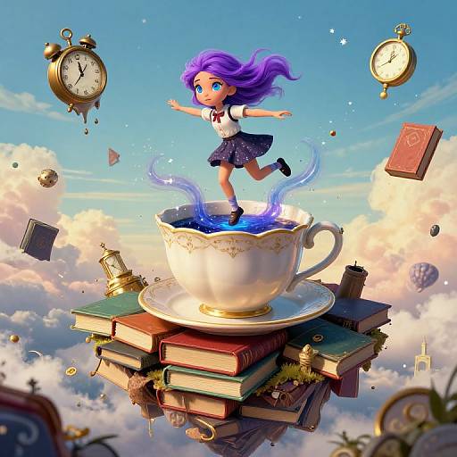Digital artwork of a purple-haired, blue-eyed girl with a white blouse and blue skirt, jumping on a floating teacup filled with blue flames,