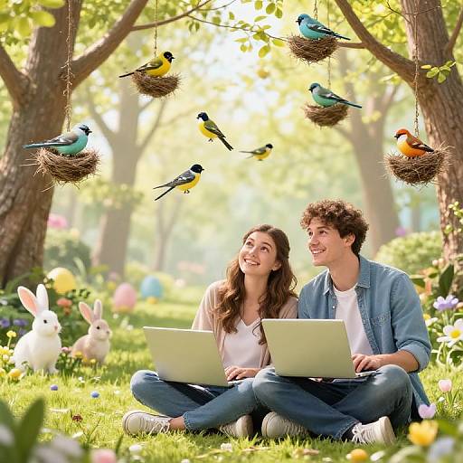 Spring Couple with Birds and Bunnies
