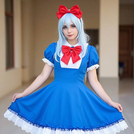 Photograph of a young woman in a blue Alice in Wonderland-style dress with white lace trim, red bow, and long white hair, standing in a